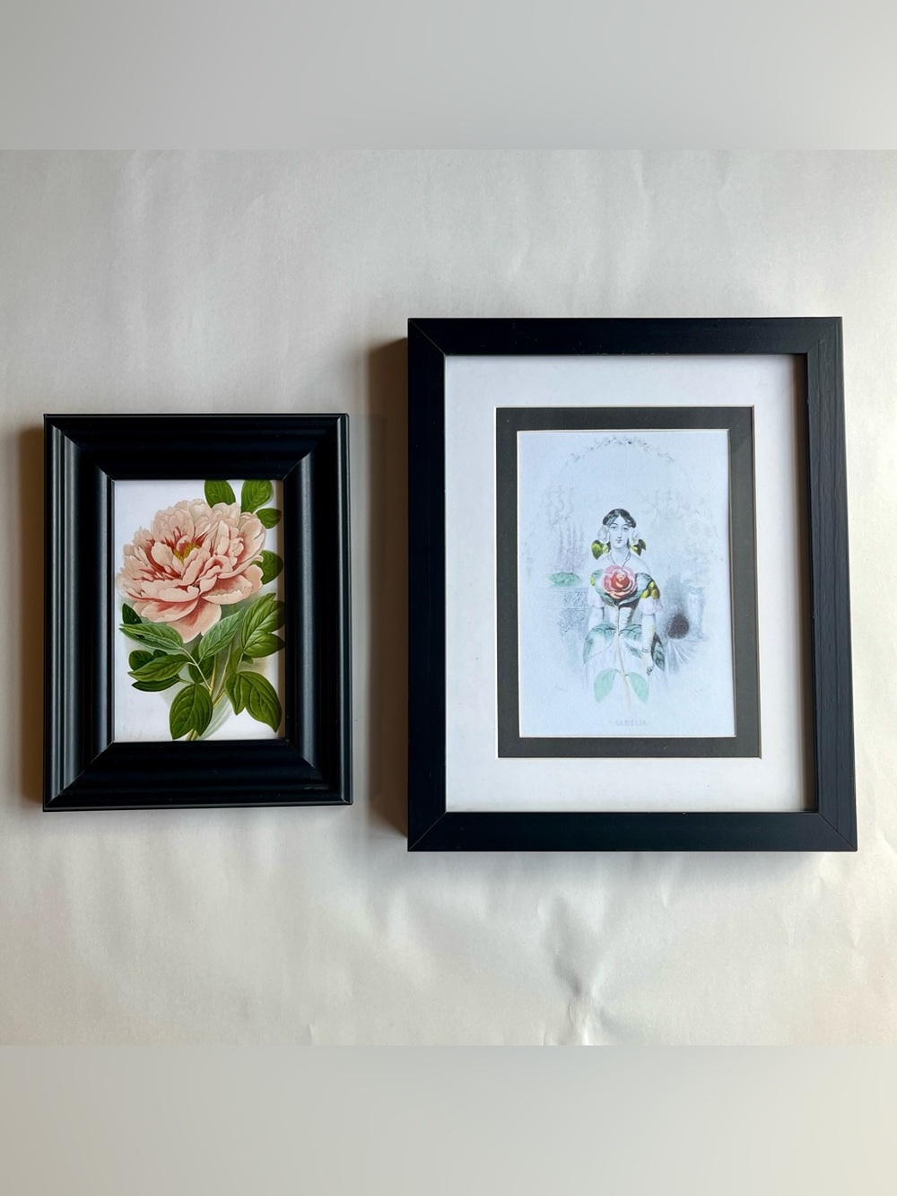 Vintage Black Wood Picture Photo Frames w/ Fine Art Prints-Set of 2